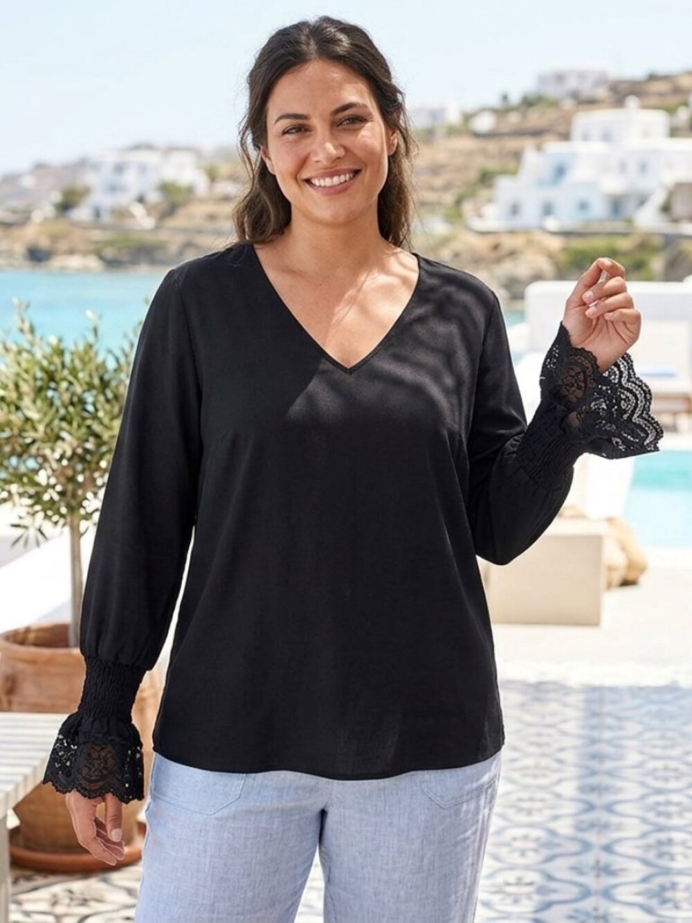 Saks Fifth Avenue V-Neck Long Sleeve Blouse with Smocked Lace Cuffs